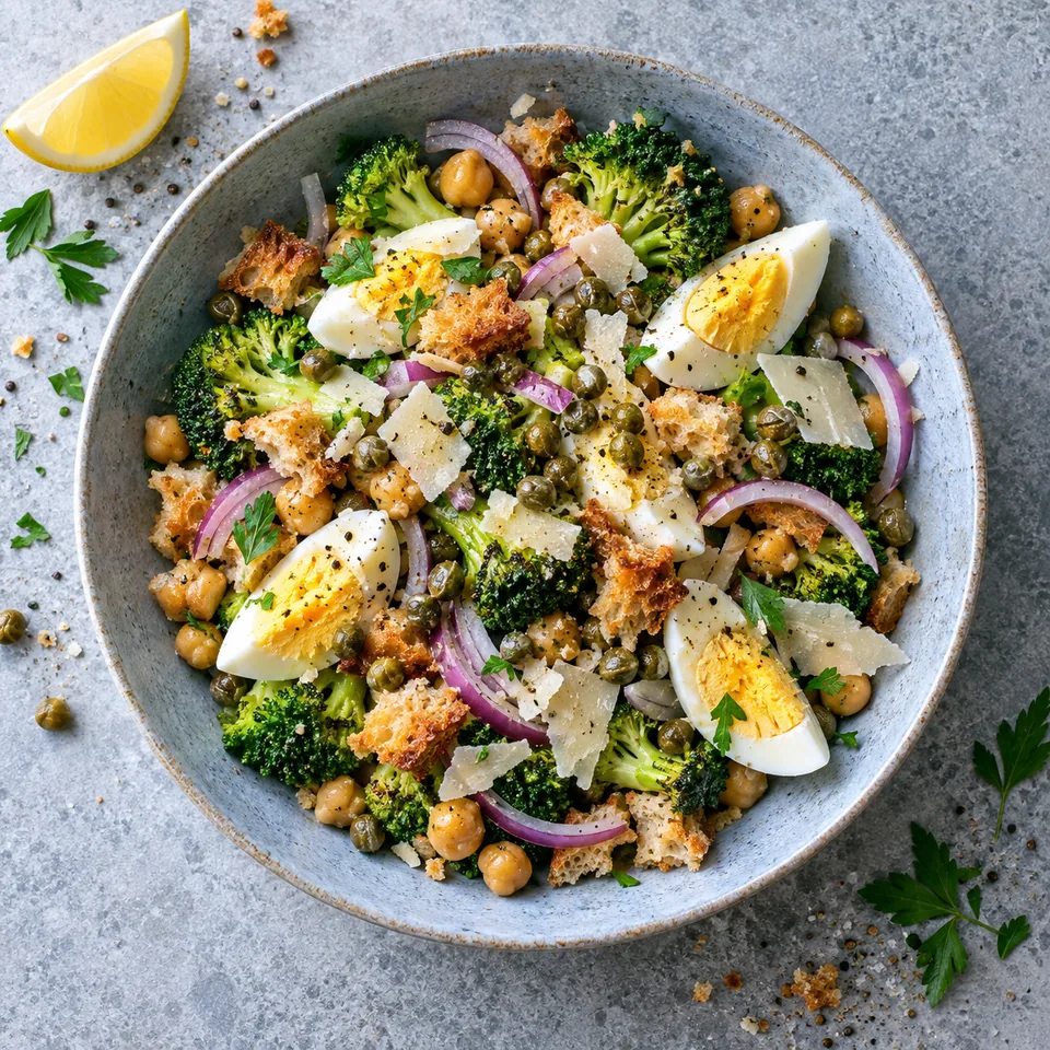 Salade tiède de brocoli, œufs, pois chiches et câpres dans une assiette creuse bleu-gris, garnie de croûtons.