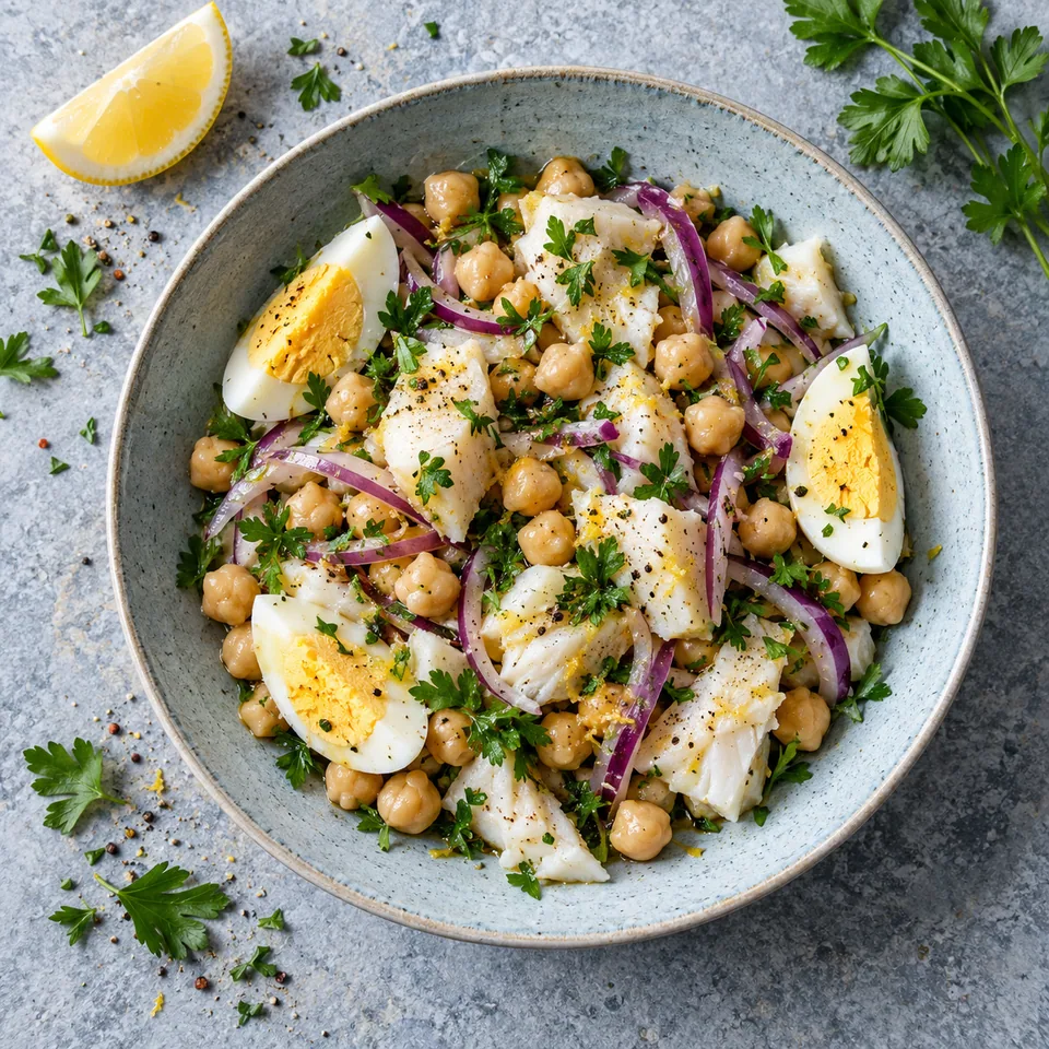 Salade tiède de cabillaud, pois chiches et œuf dur dans une assiette creuse bleu-gris