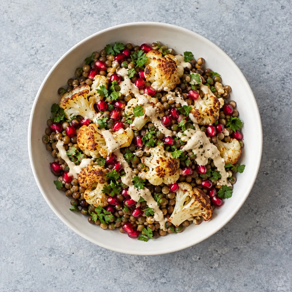 Salade tiède de chou-fleur, lentilles et tahini dans un bol, avec grenade, persil et sauce claire.