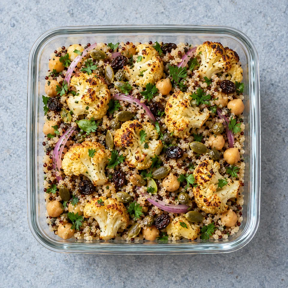 Salade tiède de chou-fleur rôti avec quinoa, pois chiches, raisins secs et graines de courge dans un contenant en verre.