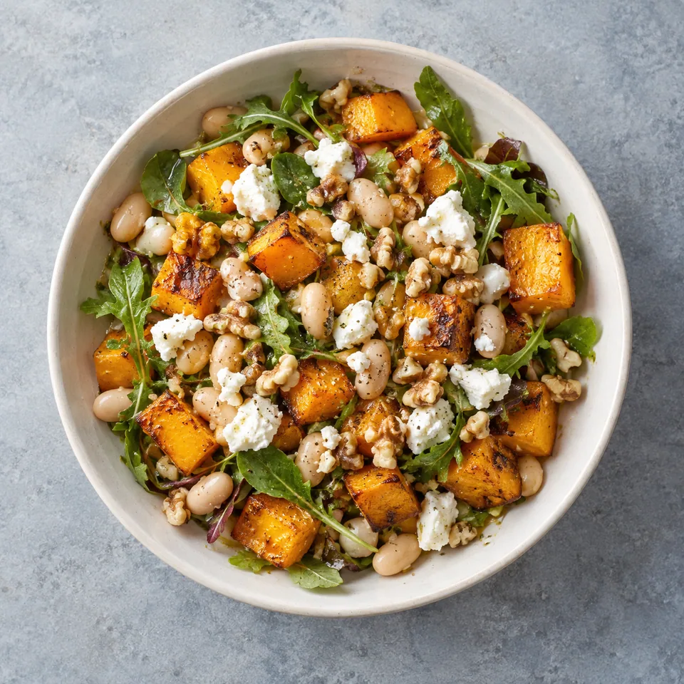 Salade tiède de haricots blancs, courge dorée, jeunes pousses, chèvre émietté et noix dans un bol.