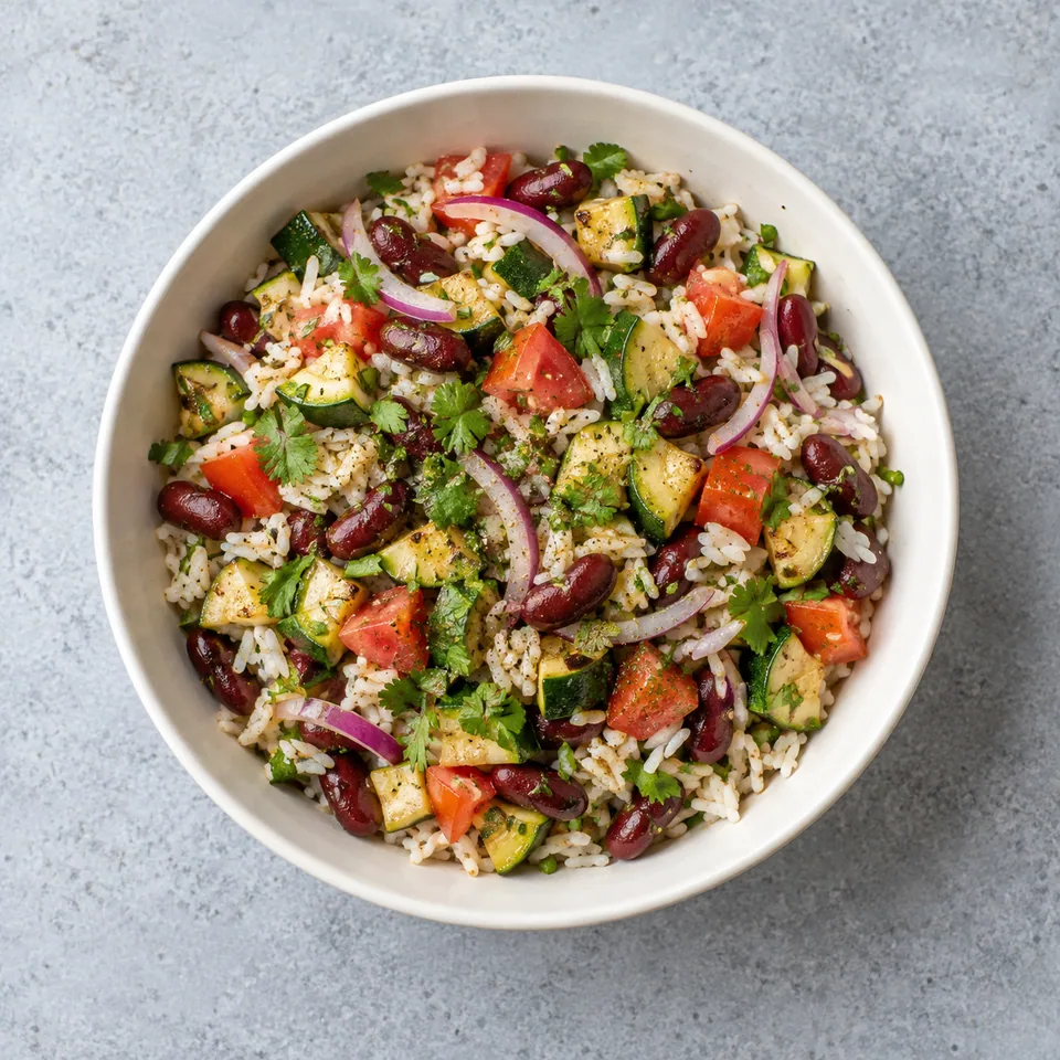 Salade tiède de haricots rouges et courgettes : riz, légumes en dés, haricots rouges et coriandre dans un bol.