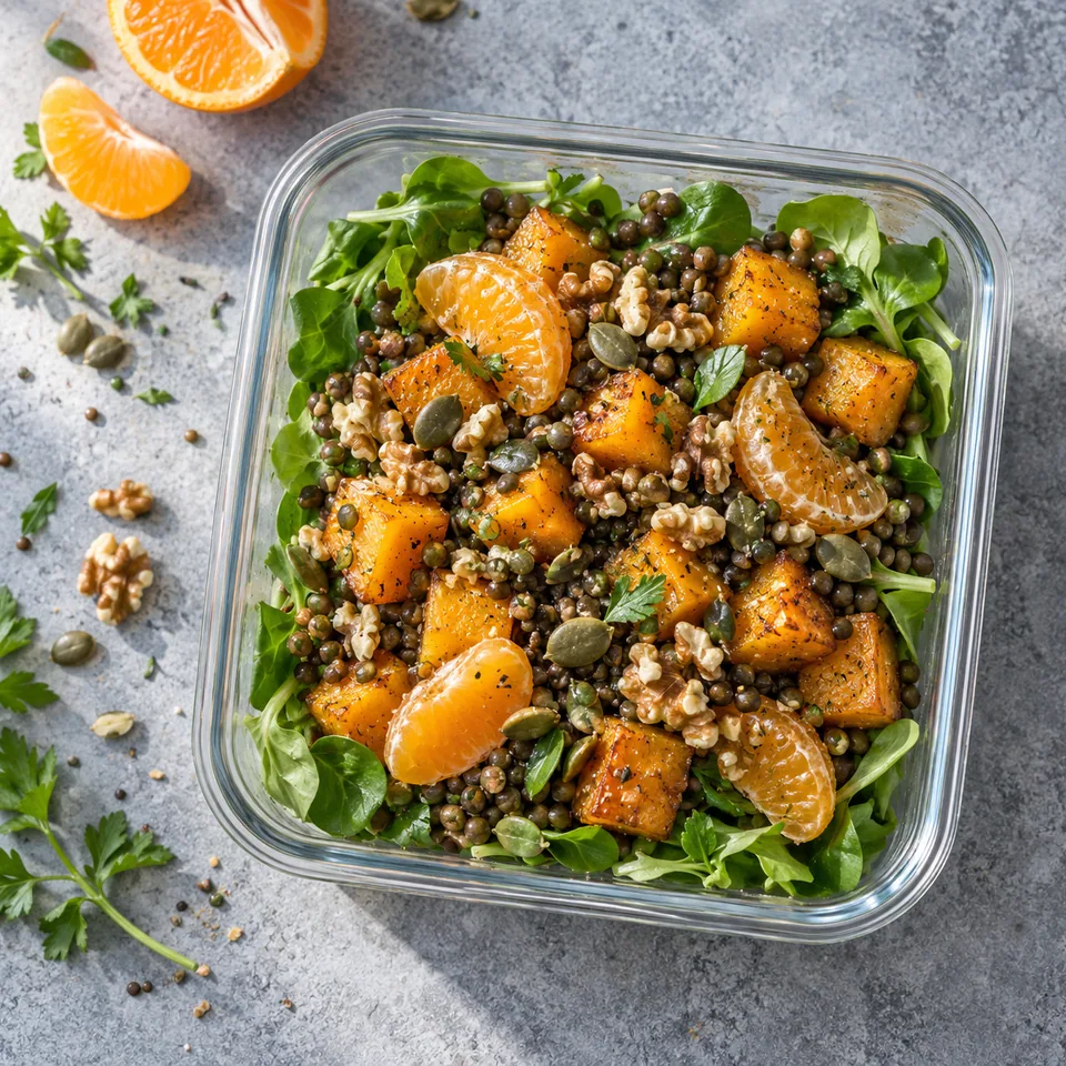 Salade tiède de lentilles, butternut et clémentines dans une boîte en verre, garnie de noix et graines.