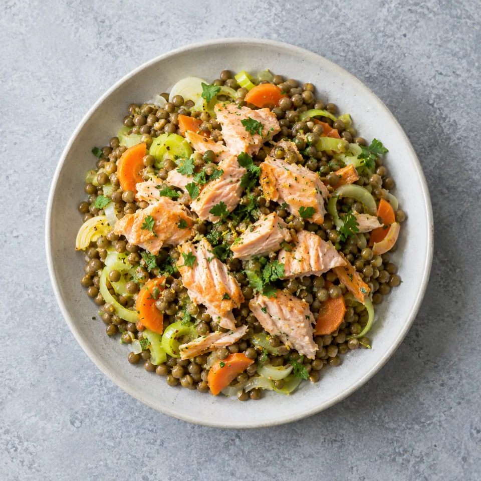 Salade tiède de lentilles et saumon, avec carottes, poireau, gros morceaux de saumon et persil.