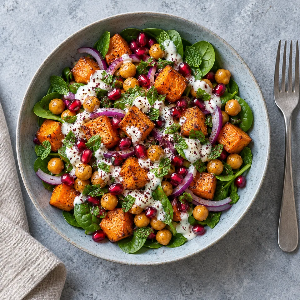 Salade tiède de patate douce et pois chiches dans une assiette creuse, sauce yaourt et grenade.