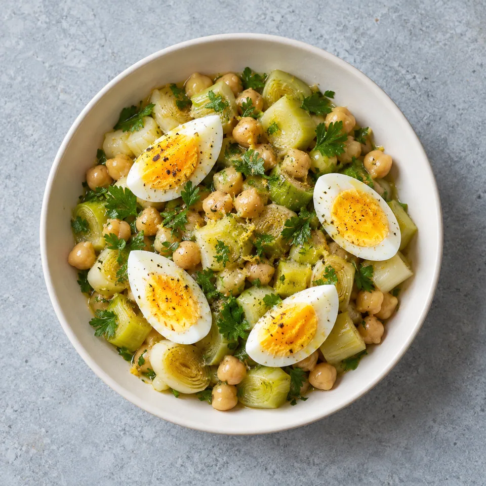 Salade tiède de poireaux et pois chiches, avec persil, vinaigrette citronnée et moitiés d’œufs durs.