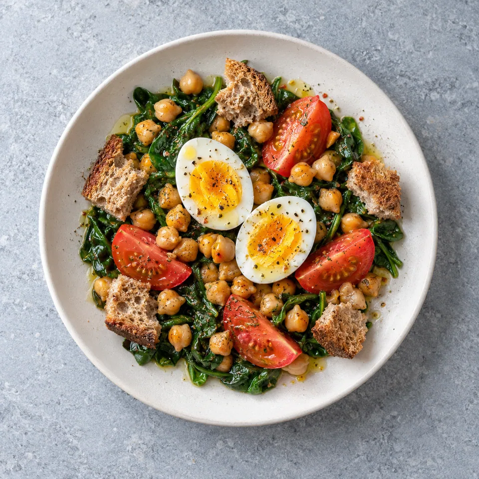 Salade tiède de pois chiches, épinards et œufs : épinards, pois chiches dorés, tomates, demi-œuf et pain grillé.