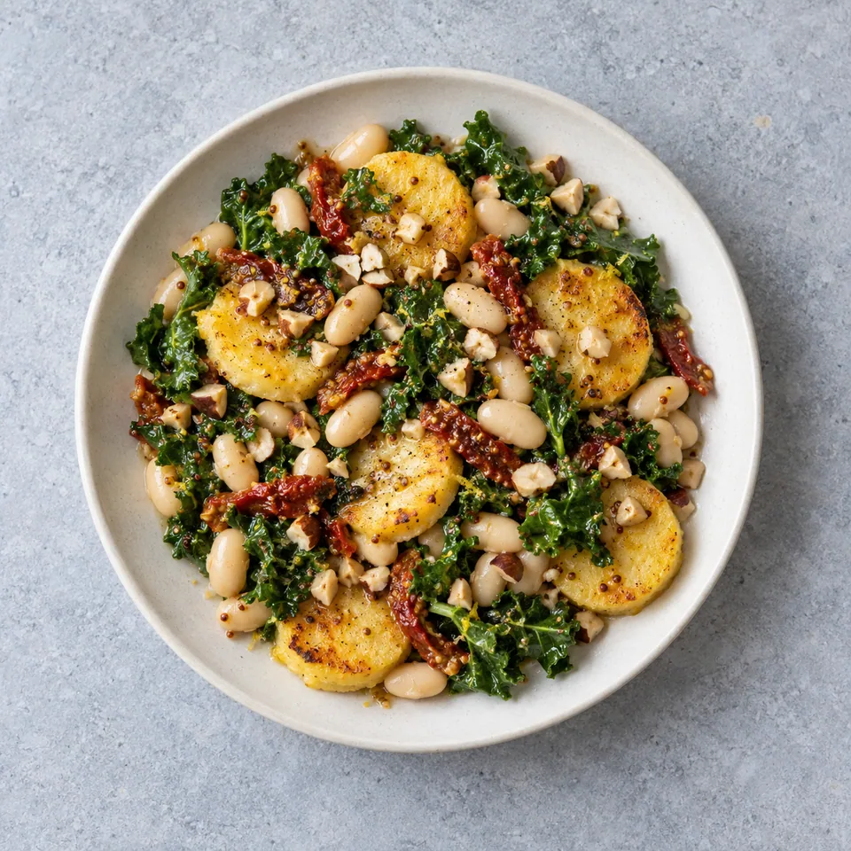 Salade tiède de polenta, haricots blancs et kale : polenta dorée, légumes, tomates séchées et noisettes dans une assiette.