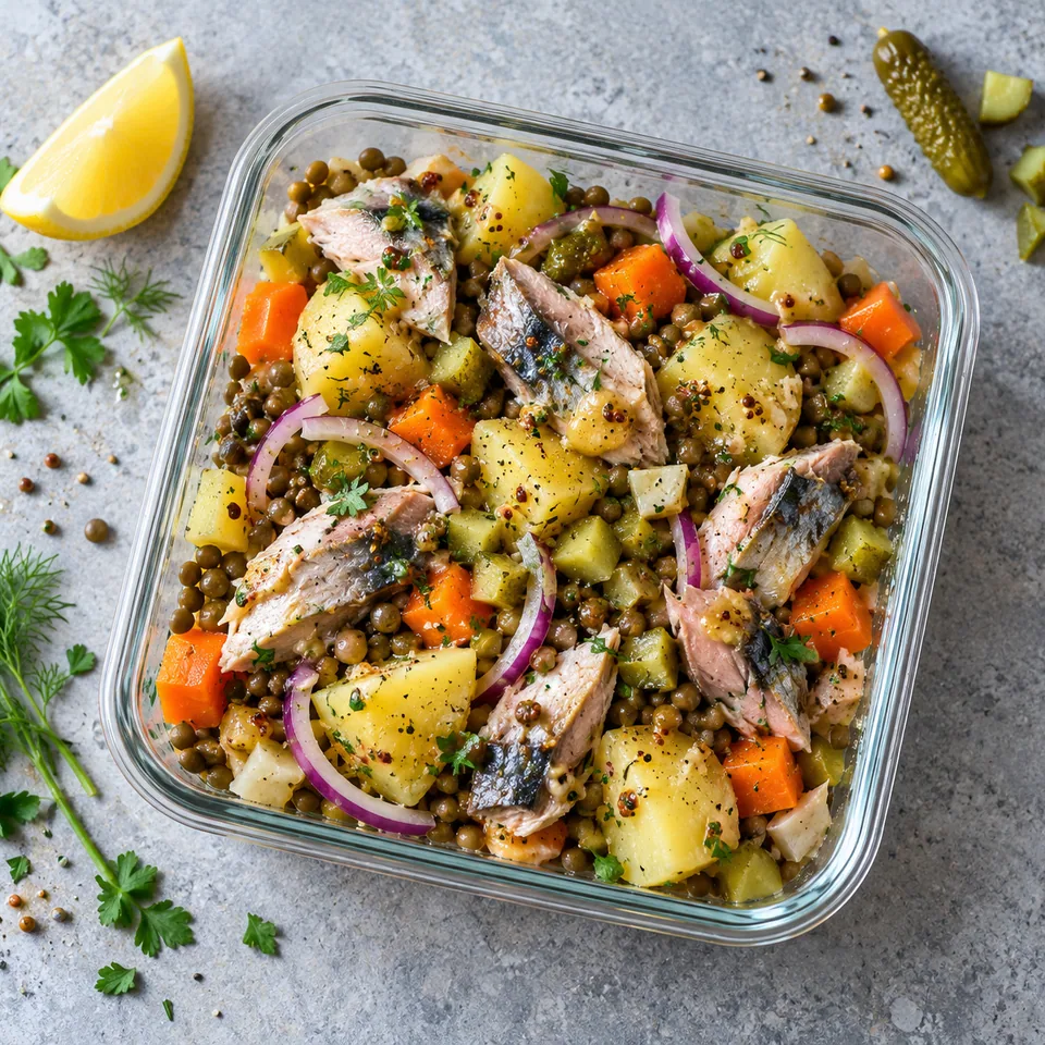 Salade tiède de pommes de terre au maquereau avec lentilles, carottes et oignon rouge dans un contenant en verre.
