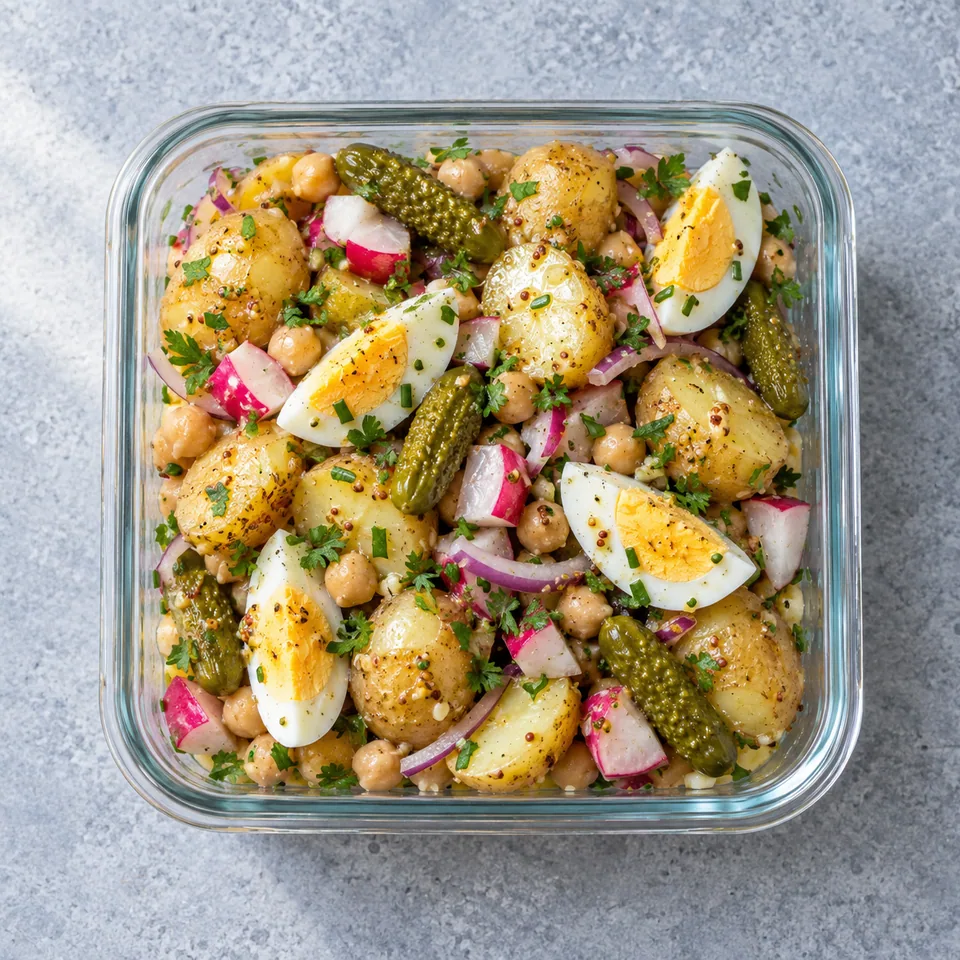 Salade tiède de pommes de terre, œufs et cornichons dans une boîte en verre, colorée et appétissante.