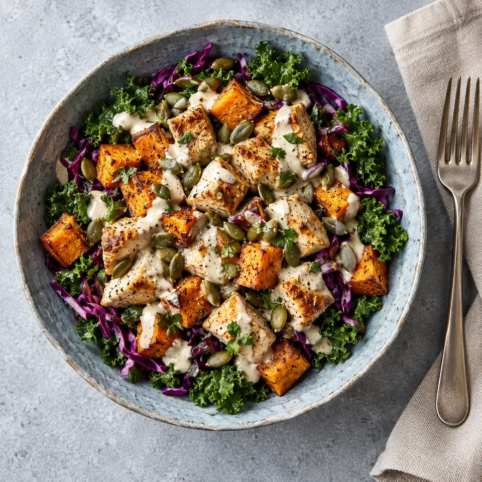 Salade tiède de poulet, patate douce rôtie et kale dans un bol en grès bleu-gris, garnie de graines de courge.