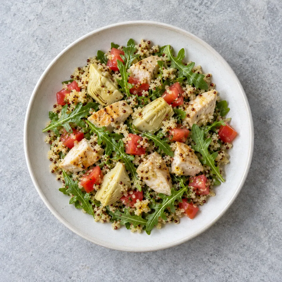 Salade tiède de quinoa au poulet : quinoa, poulet, artichauts, tomates et roquette nappés d’une sauce citron-moutarde.