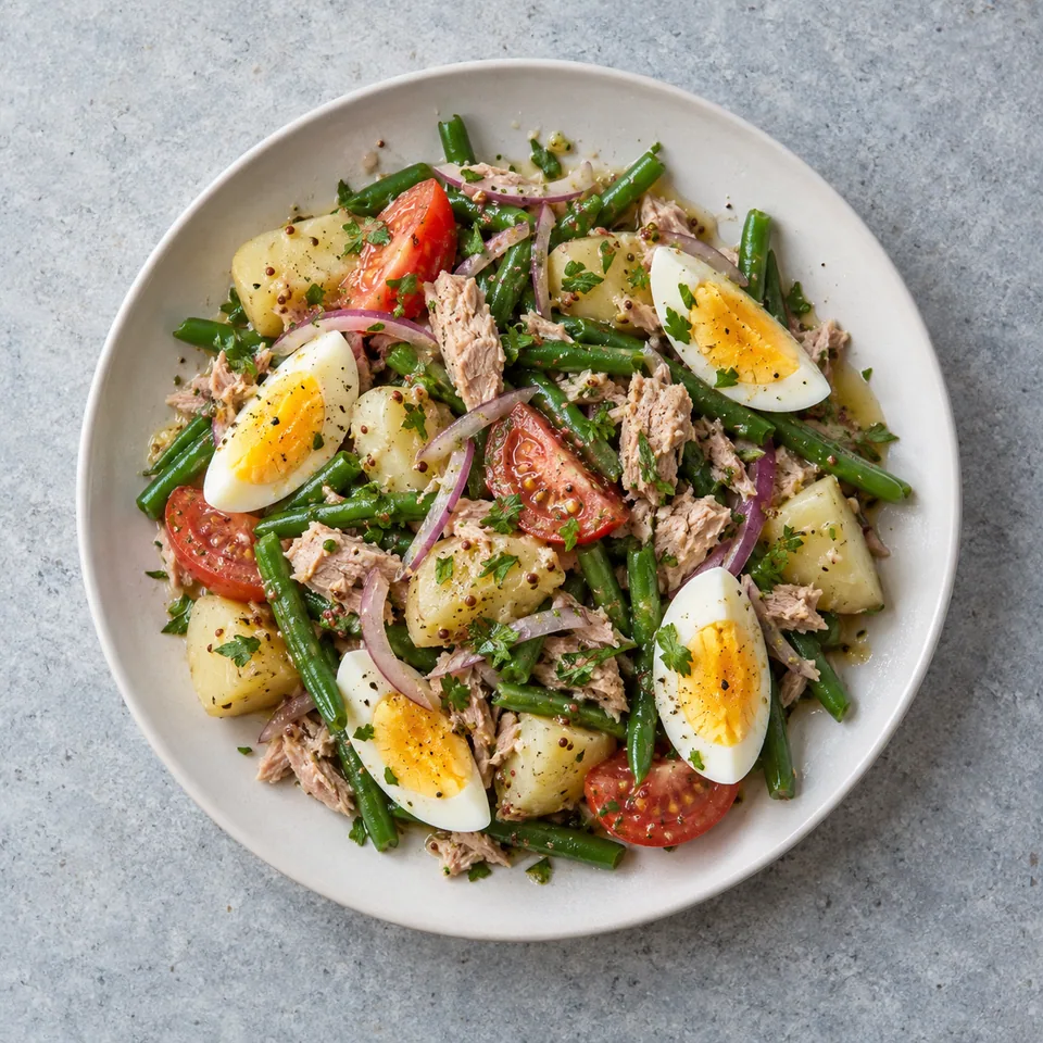 Salade tiède de thon et pommes de terre : légumes, thon émietté, œuf dur et persil dans une assiette.