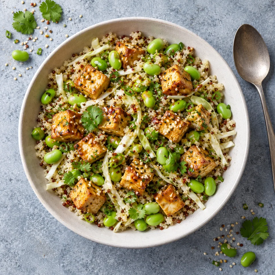 Bol de salade tiède tofu edamame quinoa avec dés dorés, edamame verts et chou blanc, parsemé de sésame.
