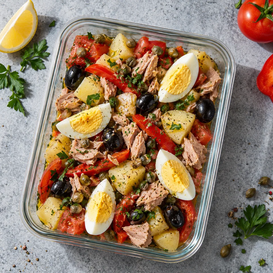 Salade tunisienne aux pommes de terre et au thon dans un contenant en verre, avec œuf dur, olives et légumes colorés.