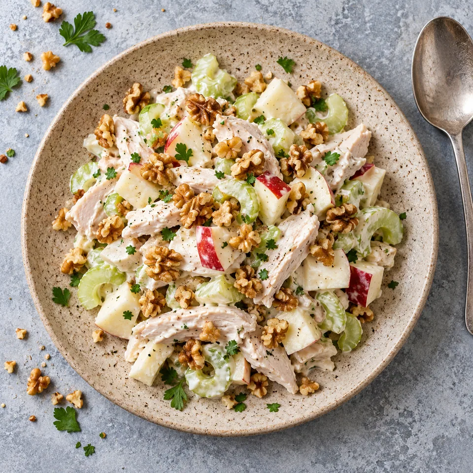 Salade Waldorf au poulet : dés de pomme, céleri, poulet et noix dans une sauce crémeuse blanche sur une assiette beige.