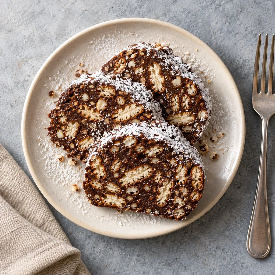 Salame de chocolate portugais au cacao : tranches épaisses saupoudrées de sucre glace sur une assiette blanche, révélant les morceaux de biscuits.