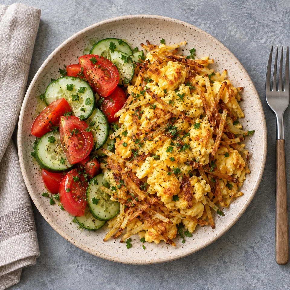 Sali par eedu : œufs dorés et croustillants sur pommes allumettes, servis avec salade de concombre et tomates sur assiette beige.