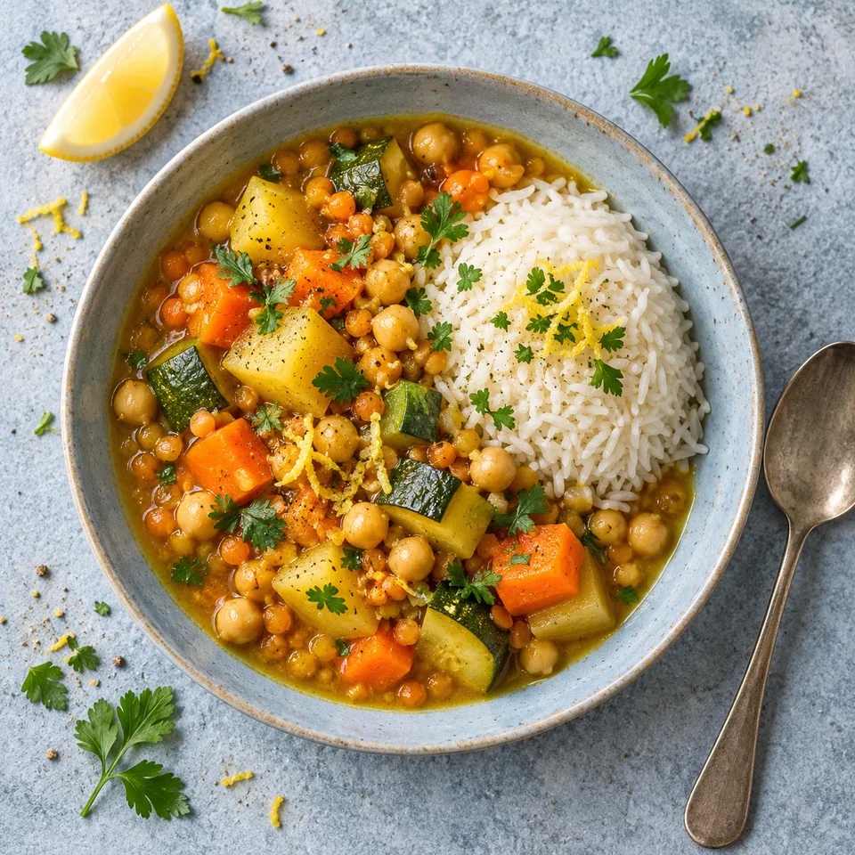Assiette creuse bleu-gris contenant une portion de saloona aux légumes, pois chiches et lentilles, servie avec du riz basmati.