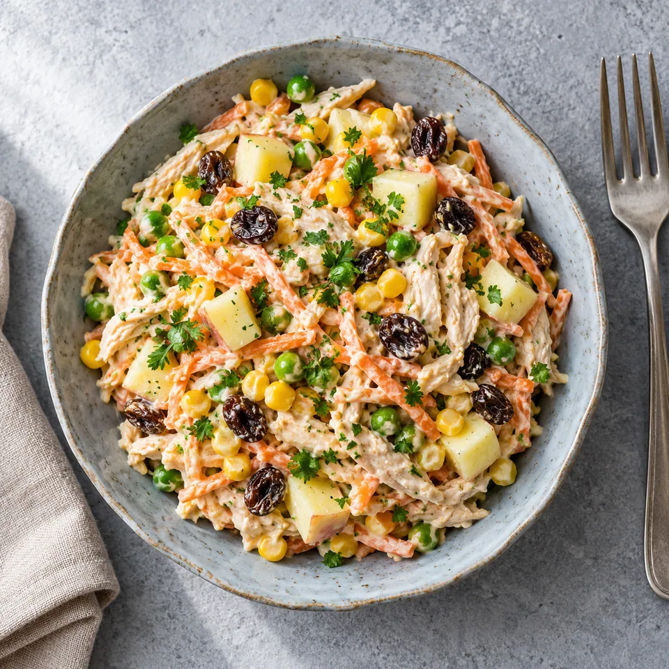 Salpicão : salade de poulet, pomme et carottes dans un bol bleu-gris, crémeuse et colorée.