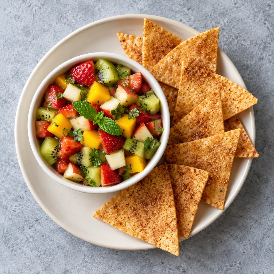 Ramequin de salsa de fruits colorée avec chips de tortilla cannelle dorées et croustillantes.