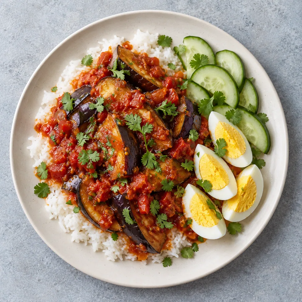 Sambal terung : riz, aubergines en sauce rouge brillante, œufs durs et concombre sur assiette blanche.