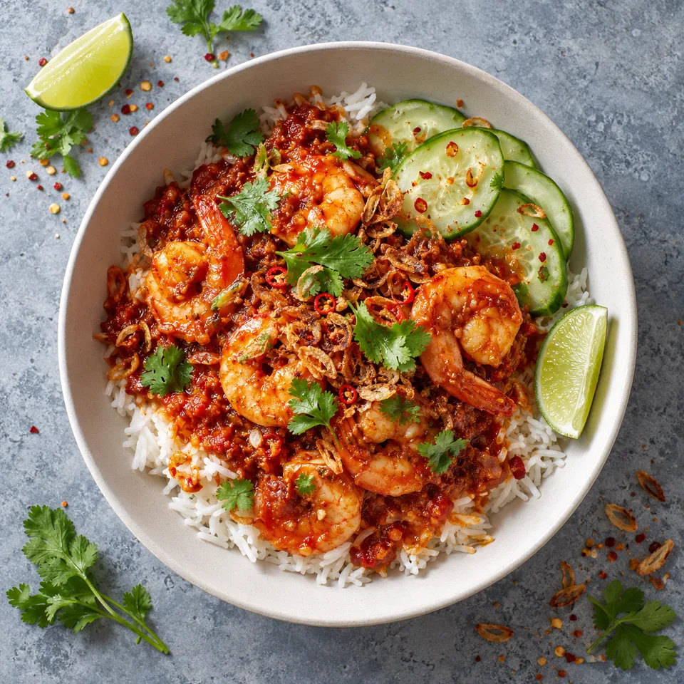 Sambal udang : riz blanc, crevettes roses en sauce rouge brillante, tranches de concombre vert et coriandre fraîche dans un bol blanc.
