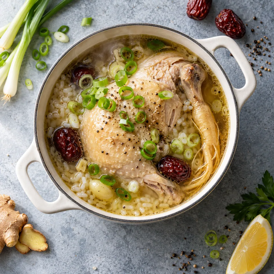 Samgyetang express : portion de poulet au riz dans une cocotte blanche, garnie de ciboule verte.