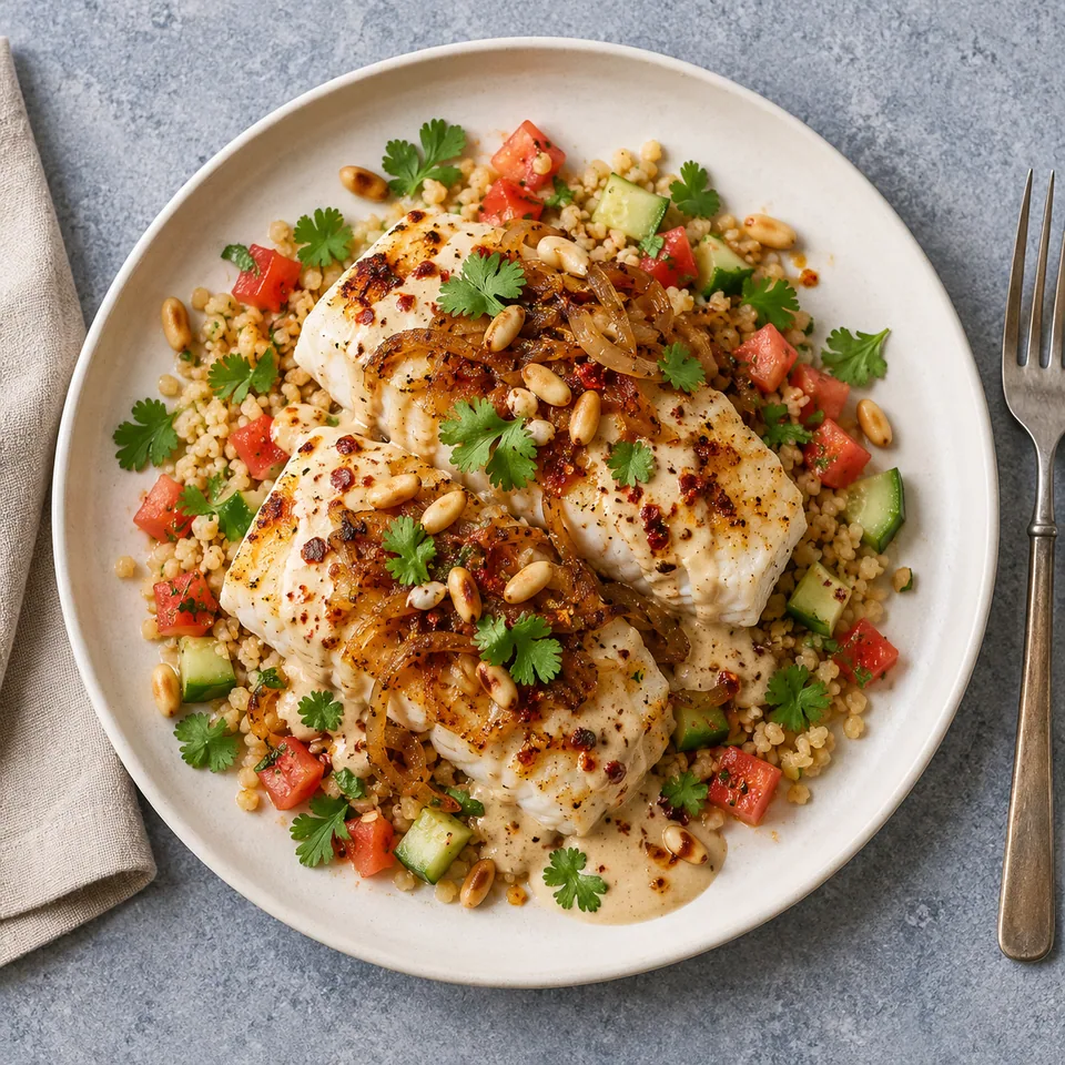 Samke harra : pavés de cabillaud sur boulgour, sauce tahini, oignons dorés, pignons et salade de tomates-concombre.