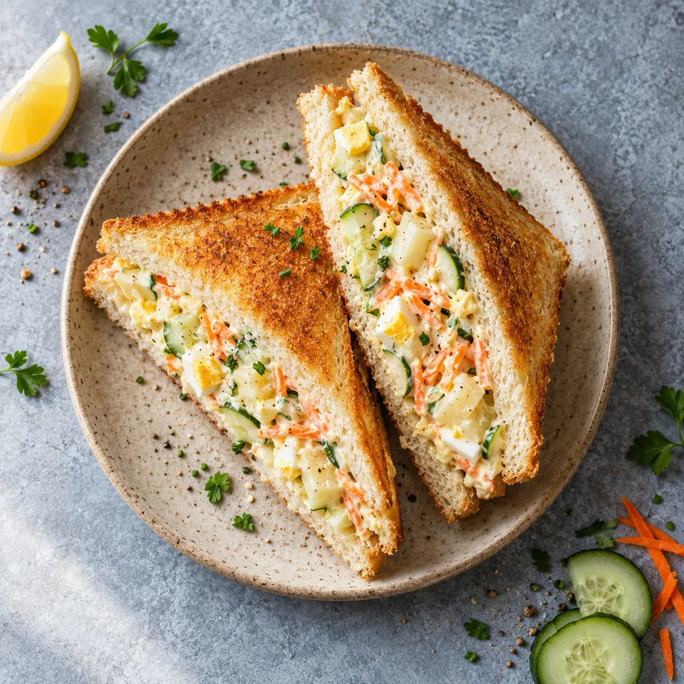Sando japonais aux pommes de terre et œuf : deux demi-sandwichs triangulaires au pain doré, garnis de pommes de terre, carotte, concombre et œufs hachés.