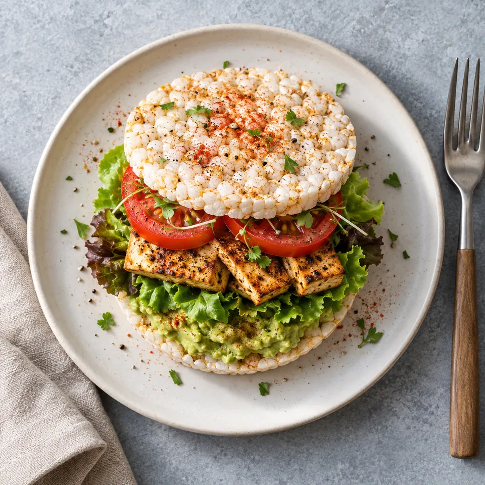 Sandwich BLT végétal au tofu grillé sur galettes de riz, avec tomate, laitue et avocat sur assiette blanche.