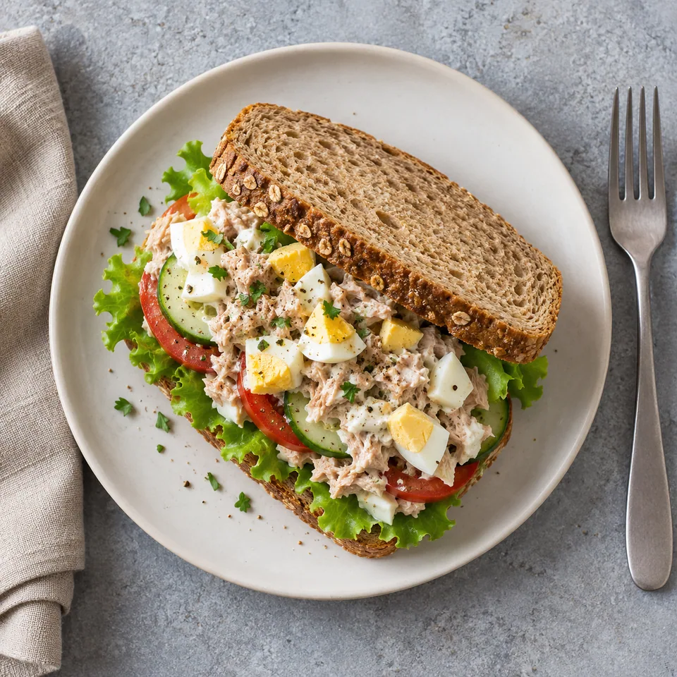 Sandwich complet au thon et œuf dur sur assiette blanche, garni de légumes frais colorés.