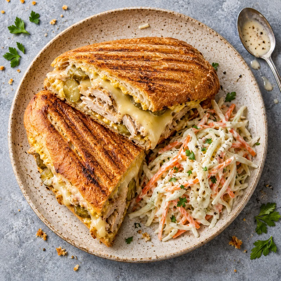 Sandwich cubain au poulet, emmental et cornichons doré, coupé en deux, servi avec salade de chou et carottes râpées sur assiette beige.