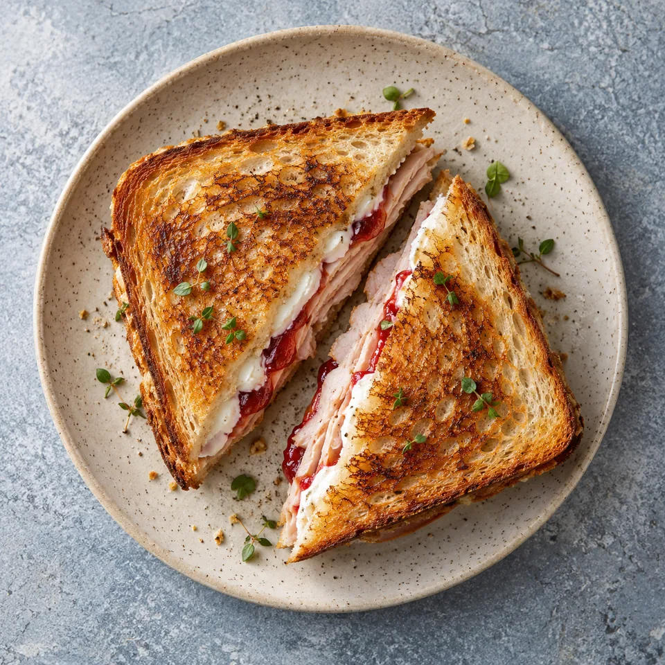Sandwich Elena Ruz grillé doré coupé en deux sur une assiette beige, montrant la dinde et la confiture de fraise.