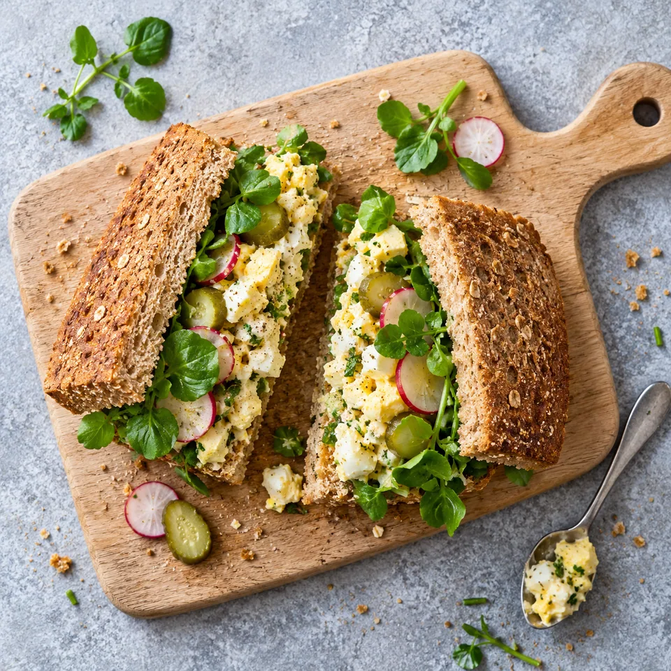 Sandwich œufs durs écrasés, cresson et cornichons sur planche en bois, coupé en deux, vue de dessus.