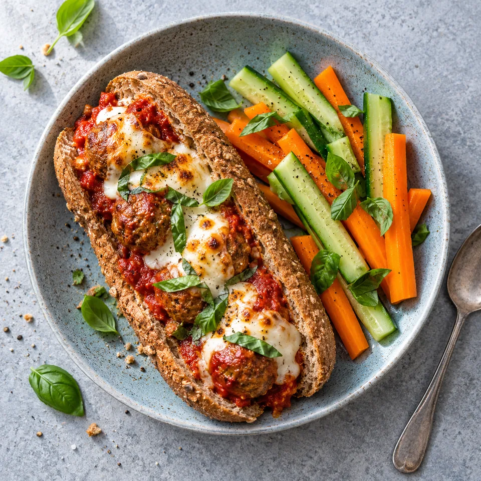 Sandwichs aux boulettes, tomate et mozzarella : pain complet, boulettes sauce tomate, mozzarella fondue, bâtonnets de légumes et basilic.