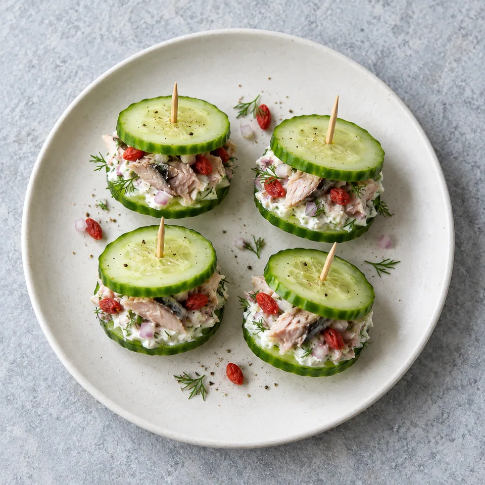 Sandwichs de concombre au maquereau : tranches de concombre vert, crème blanche, maquereau émietté et baies de goji rouges sur assiette.