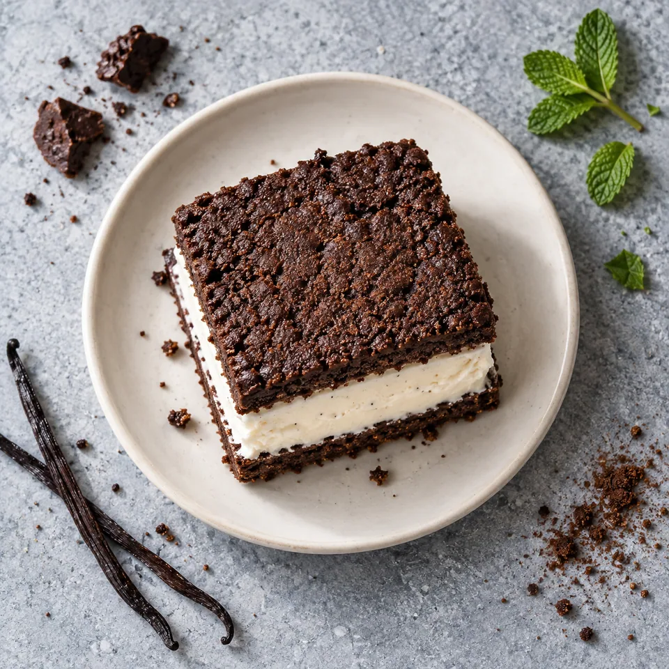 Un carré de sandwich glacé au cacao et skyr vanillé sur une assiette blanche, montrant la couche de crème blanche entre deux biscuits bruns.