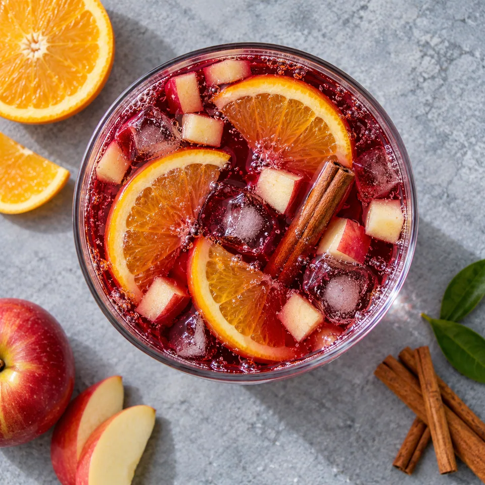Sangria rouge aux agrumes et à la cannelle dans un grand verre transparent, avec tranches d'orange et dés de pomme.