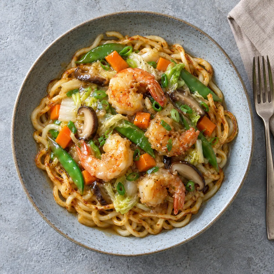 Sara udon aux crevettes croustillantes : nouilles dorées nappées de sauce, crevettes roses, légumes colorés (carotte, chou, pois) dans une assiette creuse bleu-gris.