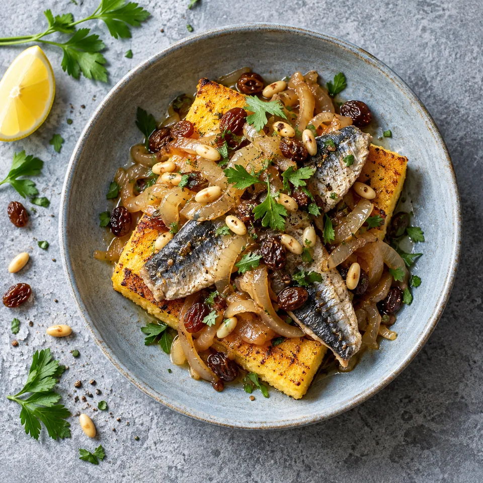 Sarde in saor : polenta grillée dorée surmontée de sardines aux oignons caramélisés, raisins secs et pignons, parsemé de persil.