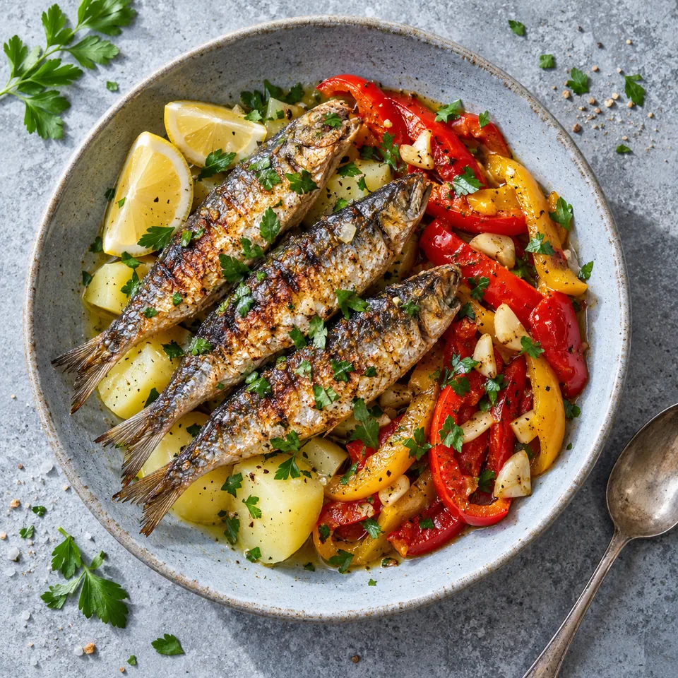 Sardines grillées à la portugaise avec poivrons et pommes de terre sur assiette bleue