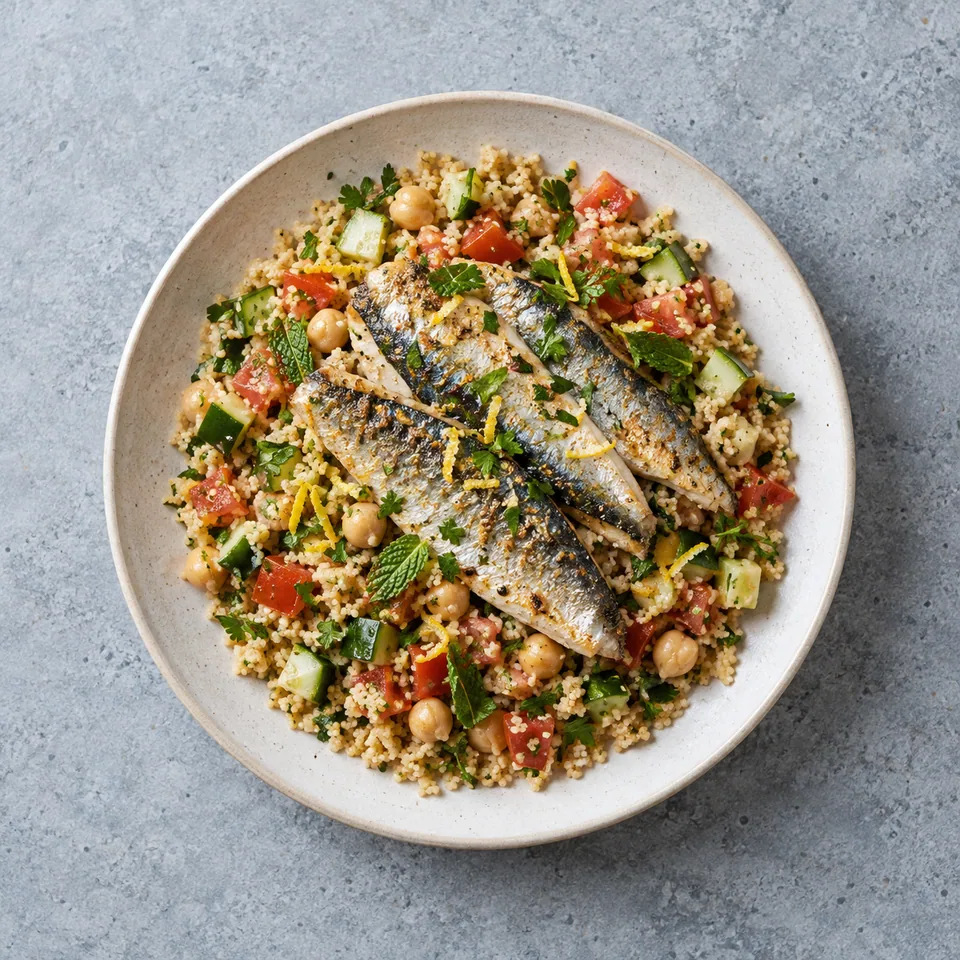 Sardines grillées, couscous aux herbes : filets dorés sur semoule, pois chiches, dés de tomate et concombre, herbes vertes.