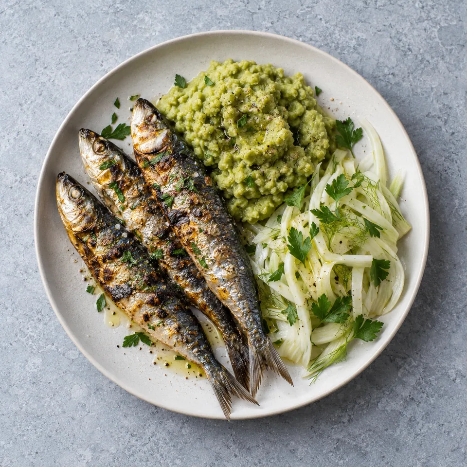 Sardines grillées avec purée rustique de pois cassés et salade de fenouil émincé au persil.
