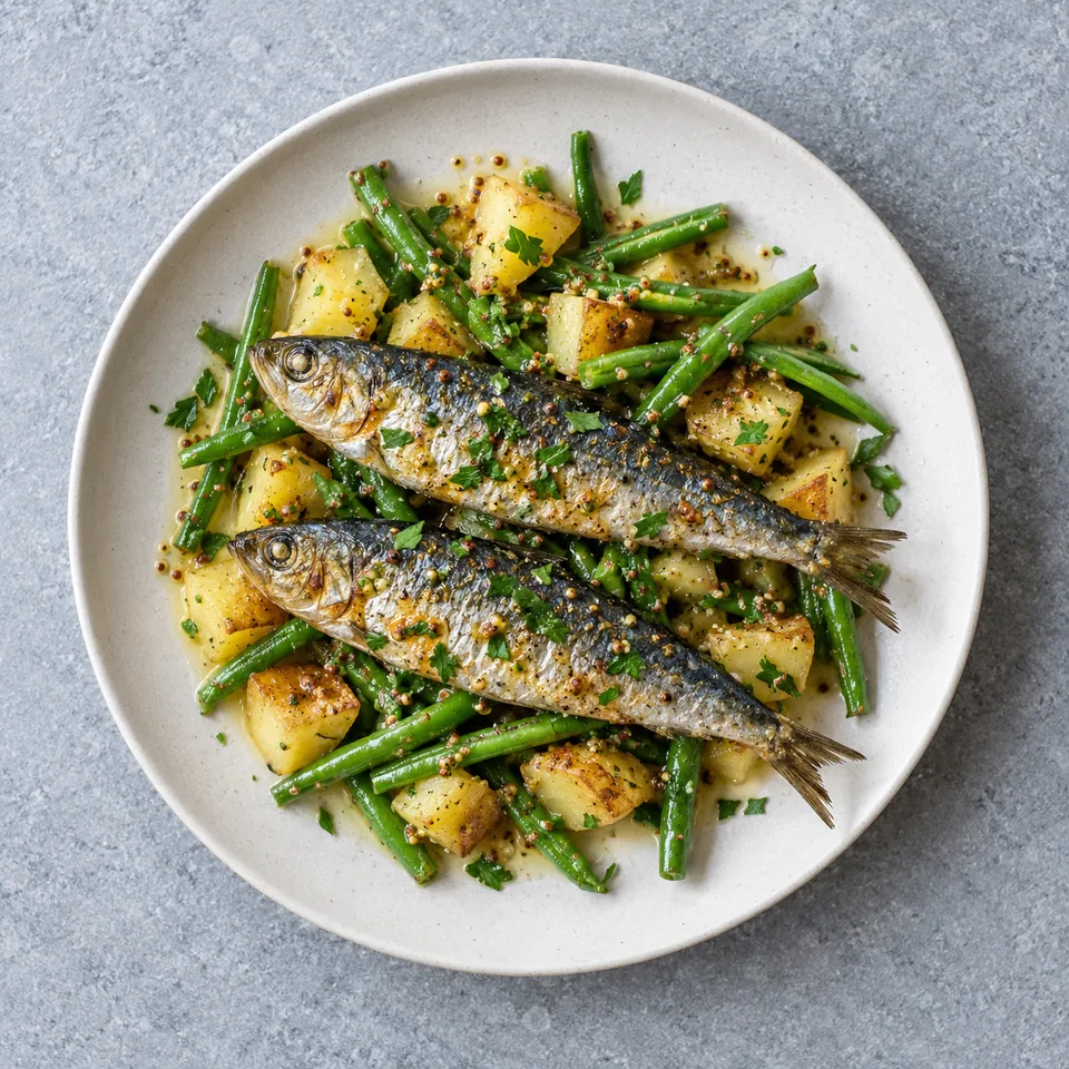 Sardines, pommes de terre et haricots verts : dés de pommes de terre et haricots verts nappés de vinaigrette, garnis de sardines et persil.
