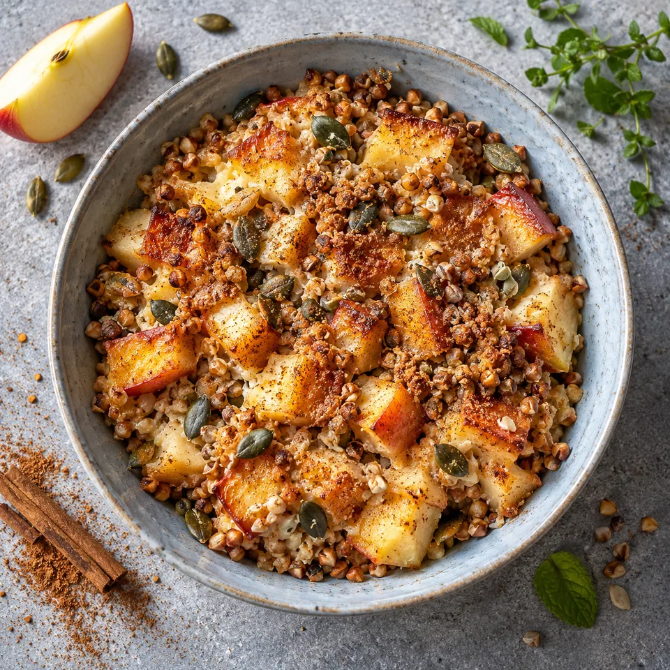 Sarrasin au four pomme-cannelle : portion dorée et croustillante avec dés de pomme et graines de courge sur assiette bleue.