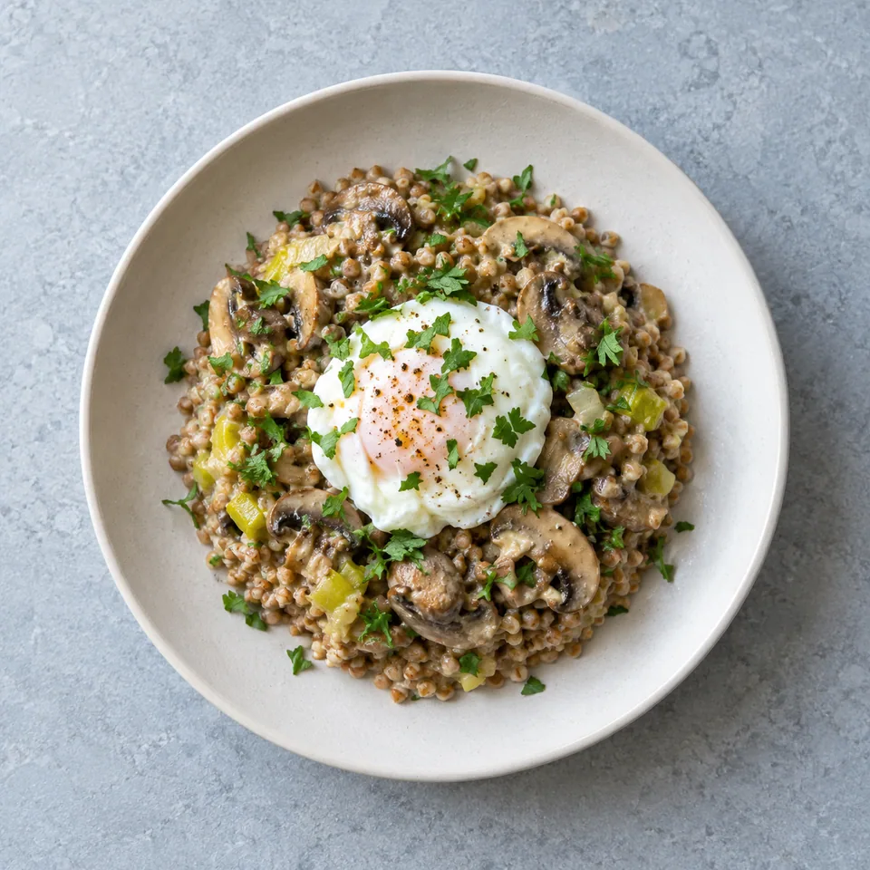 Sarrasin crémeux aux champignons, poireau et œuf poché, parsemé de persil dans une assiette.