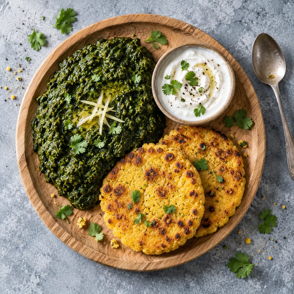 Sarson da saag et galettes de maïs : légumes verts écrasés, galettes dorées et yaourt blanc sur une planche en bois.