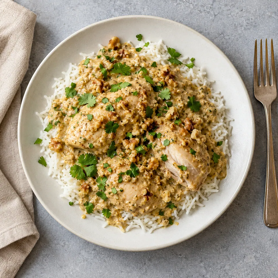 Satsivi, poulet aux noix géorgien : riz blanc nappé de sauce aux noix beige et morceaux de poulet, parsemé de coriandre verte.