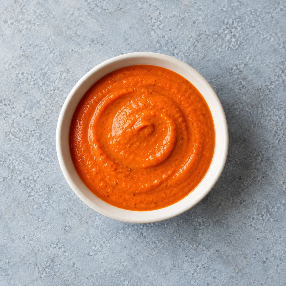 Sauce au poivron rôti et à la feta, lisse et orangée, servie dans un petit bol.